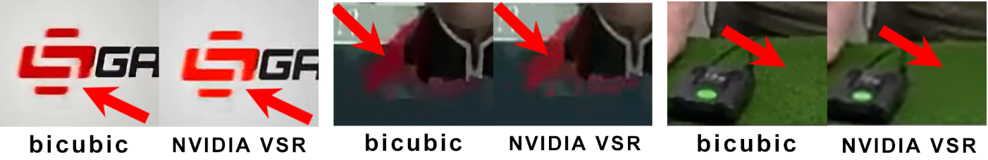 Рис. 1. Примеры искажений, создаваемых NVIDIA VSR, в сравнении с бикубической интерполяцией (bicubic). Первая и вторая пара изображений показывают разницу в цвете. Третья пара показывает, как NVIDIA VSR сильно сглаживает текстуры.