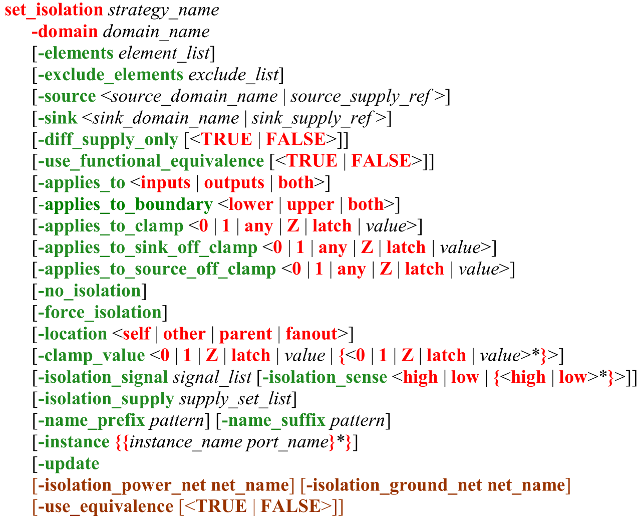 Рис. 6. Описание опций команды set_isolation из стандарта IEEE 1801-2018. Fig. 6. Set isolation command options description from IEEE 1801-2018.