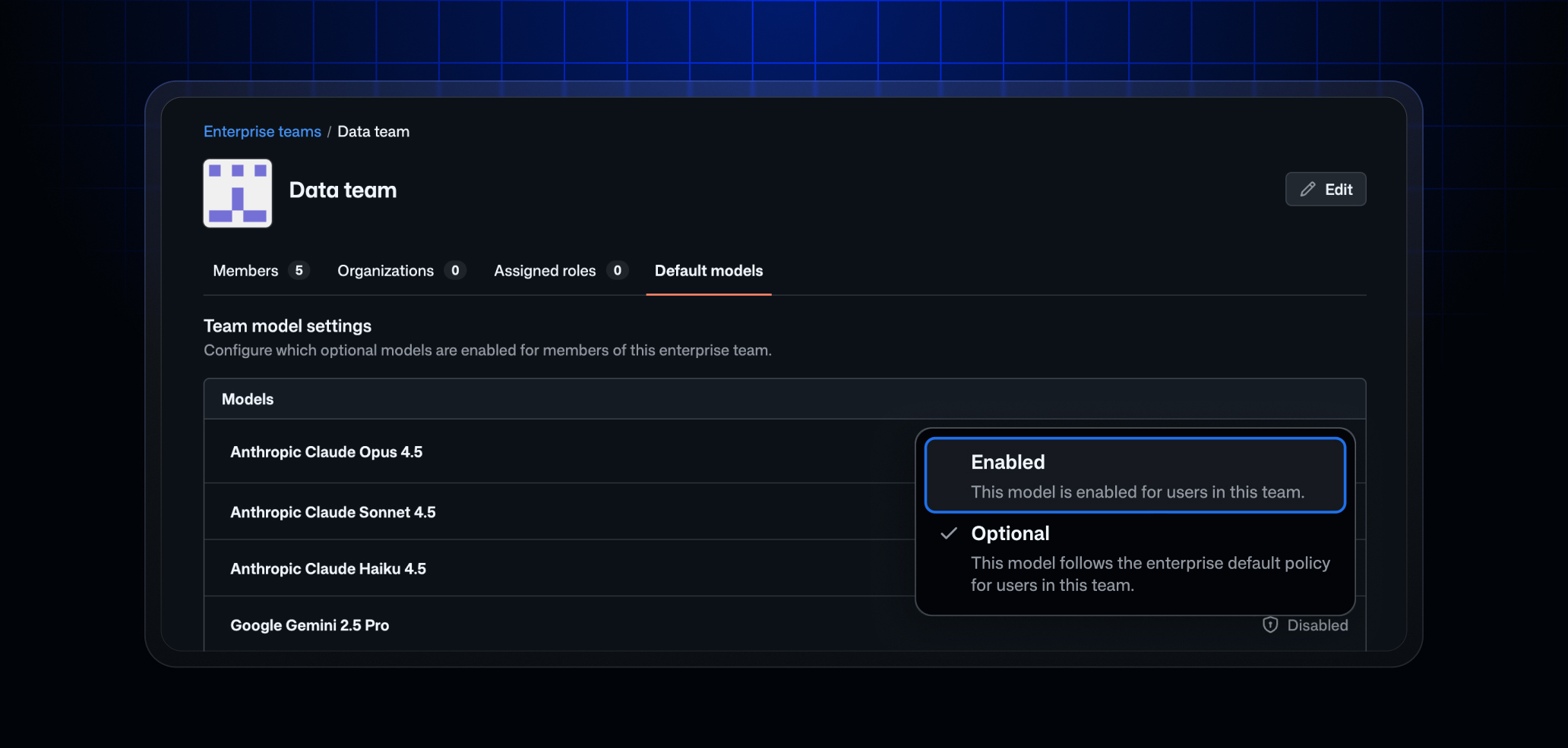 Настройка доступных моделей Copilot для корпоративной команды в GitHub