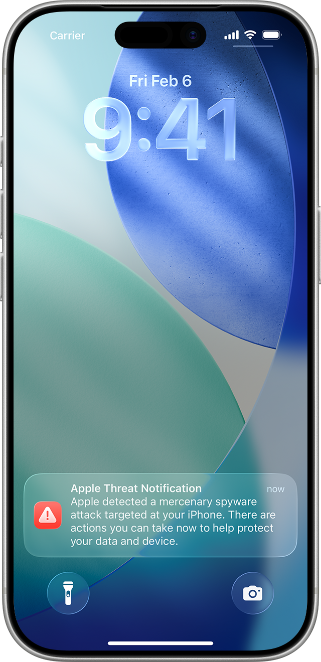 Предупреждение Apple об атаке шпионского ПО на экране блокировки iPhone