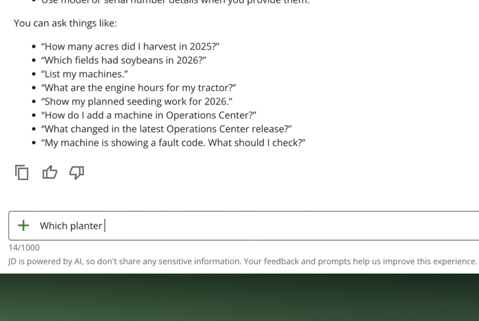 Интерфейс ИИ-ассистента JD в платформе John Deere Operations Center