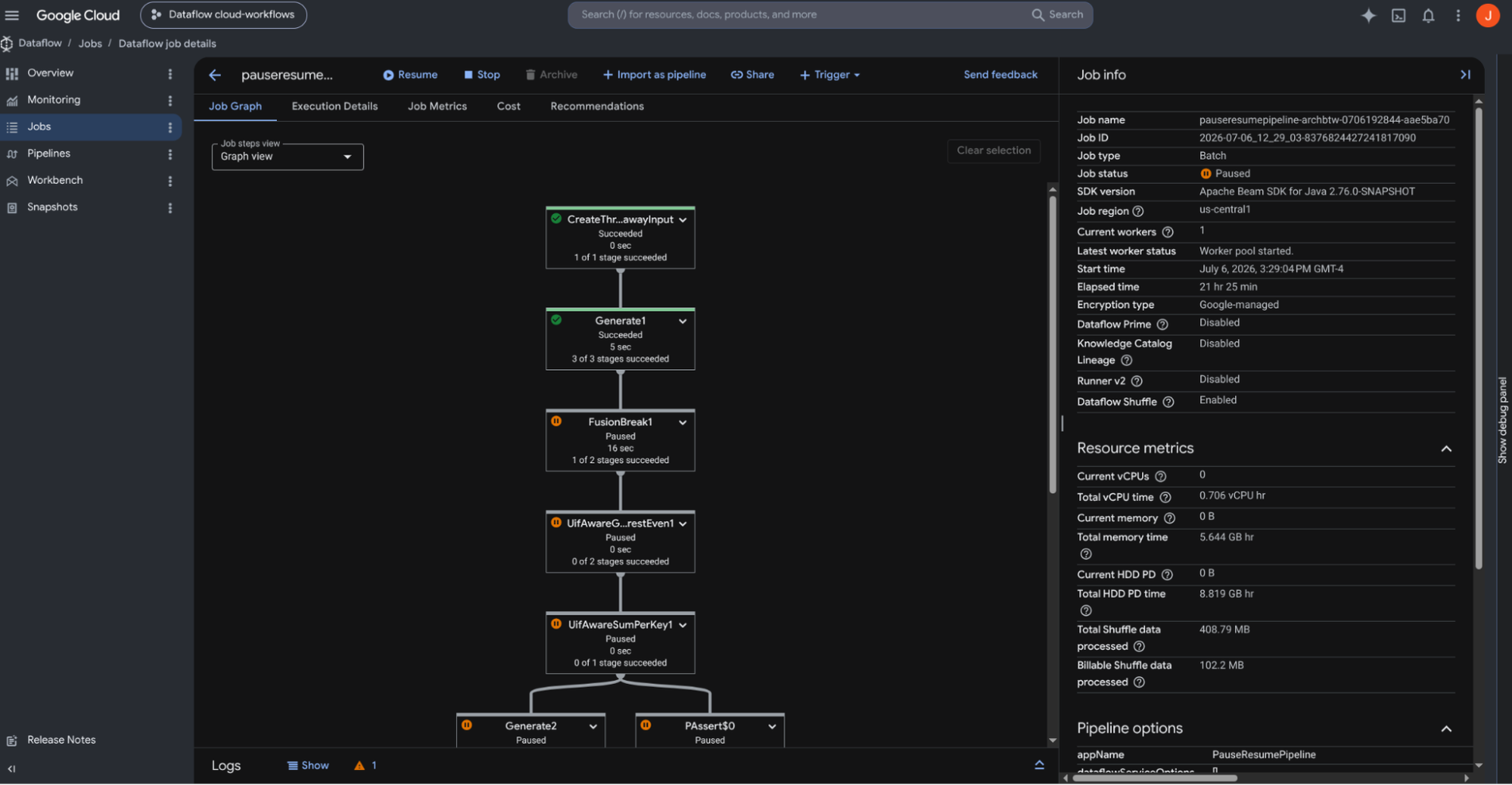 Интерфейс Google Dataflow с приостановленным пакетным заданием