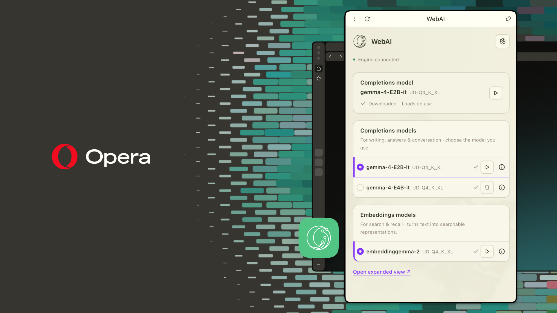 Интерфейс управления локальными моделями WebAI в Opera